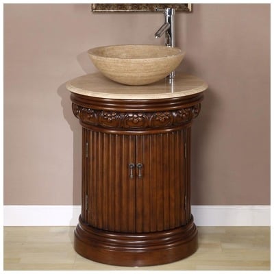 Silkroad Exclusive Bathroom Vanities, Single Sink Vanities, Under 30, Traditional, English Chestnut, With Top and Sink, Traditional, Travertine, Natural Stone, Solid Wood Structure &  TSCA Title VI Certified Panels, Pre-drilled for Single Hole Faucet