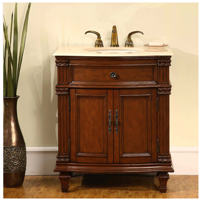 Silkroad Exclusive Bathroom Vanities, Single Sink Vanities, 30-40, Traditional, Dark Brown, With Top and Sink, Traditional, Crema Marfil Marble, Natural Stone, Solid Wood Structure &  TSCA Title VI Certified Panels, Pre-drilled for 8" Widespread Fauc
