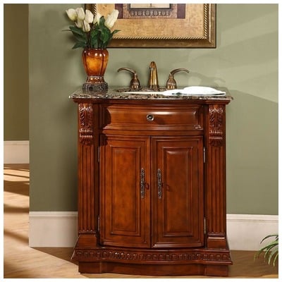 Silkroad Exclusive Bathroom Vanities, Single Sink Vanities, 30-40, Traditional, Dark Brown, With Top and Sink, Traditional, Baltic Brown Granite, Natural Stone, Solid Wood Structure &  TSCA Title VI Certified Panels, Pre-drilled for 8" Widespread Fau