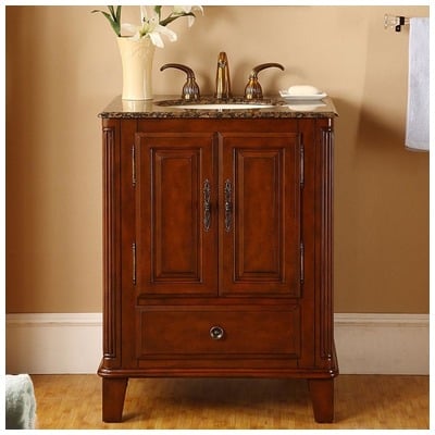 Silkroad Exclusive Bathroom Vanities, Single Sink Vanities, Under 30, Traditional, Dark Brown, With Top and Sink, Traditional, Baltic Brown Granite, Natural Stone, Solid Wood Structure &  TSCA Title VI Certified Panels, Pre-drilled for 8" Widesprea