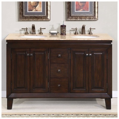 Silkroad Exclusive Bathroom Vanities, Double Sink Vanities, 50-70, Traditional, Dark Brown, With Top and Sink, Traditional, Travertine, Natural Stone, Solid Wood Structure &  TSCA Title VI Certified Panels, Pre-drilled for 8" Widespread Faucet, Bat