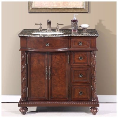 Silkroad Exclusive Bathroom Vanities, Single Sink Vanities, 30-40, Traditional, English Chestnut, With Top and Sink, Traditional, Baltic Brown Granite, Natural Stone, Solid Wood Structure &  TSCA Title VI Certified Panels, Pre-drilled for 8" Widesp