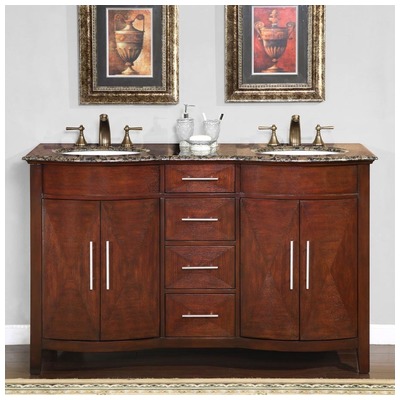 Silkroad Exclusive Bathroom Vanities, Double Sink Vanities, 50-70, Modern, Dark Chestnut, With Top and Sink, Traditional, Baltic Brown Granite, Natural Stone, Solid Wood Structure &  TSCA Title VI Certified Panels, Pre-drilled for 8" Widespread Fauce