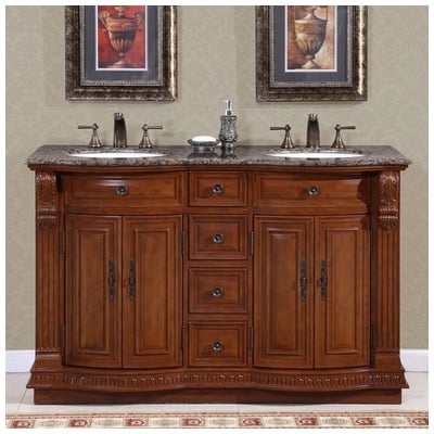 Silkroad Exclusive Bathroom Vanities, Double Sink Vanities, 50-70, Modern, Dark Brown, With Top and Sink, Traditional, Baltic Brown Granite, Natural Stone, Solid Wood Structure &  TSCA Title VI Certified Panels, Pre-drilled for 8" Widespread Faucet