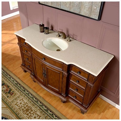 Silkroad Exclusive Bathroom Vanities, Single Sink Vanities, 50-70, Dark Brown, With Top and Sink, Traditional, Crema Marfil Marble, Natural Stone, Solid Wood Structure &  TSCA Title VI Certified Panels, Pre-drilled for 8" Widespread Faucet, Bathroom 