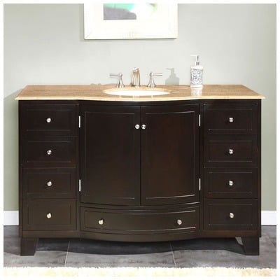 Silkroad Exclusive Bathroom Vanities, Single Sink Vanities, 50-70, Dark Brown, With Top and Sink, Traditional, Travertine, Natural Stone, Solid Wood Structure &  TSCA Title VI Certified Panels, Pre-drilled for 8" Widespread Faucet, Bathroom Vanity,