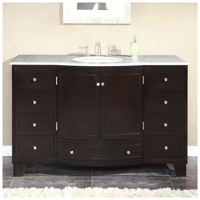 Silkroad Exclusive Bathroom Vanities, Single Sink Vanities, 50-70, Dark Brown, With Top and Sink, Traditional, Carrara White Marble, Natural Stone, Solid Wood Structure &  TSCA Title VI Certified Panels, Pre-drilled for 8" Widespread Faucet, Bathro