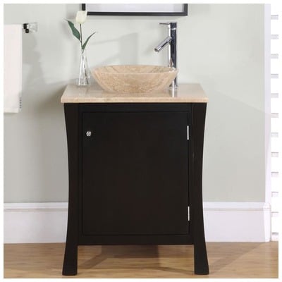 Silkroad Exclusive Bathroom Vanities, Single Sink Vanities, Under 30, Modern, Dark Brown, With Top and Sink, Traditional, Travertine, Natural Stone, Solid Wood Structure &  TSCA Title VI Certified Panels, Pre-drilled for Single Hole Faucet, Bathroo