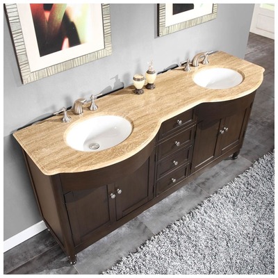 Silkroad Exclusive Bathroom Vanities, Double Sink Vanities, 70-90, Dark Brown, With Top and Sink, Traditional, Travertine, Natural Stone, Solid Wood Structure &  TSCA Title VI Certified Panels, Pre-drilled for 8" Widespread Faucet, Bathroom Vanity,