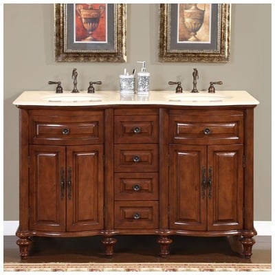 Silkroad Exclusive Bathroom Vanities, Double Sink Vanities, 50-70, Traditional, Dark Brown, With Top and Sink, Traditional, Crema Marfil Marble, Natural Stone, Solid Wood Structure &  TSCA Title VI Certified Panels, Pre-drilled for 8" Widespread Fauc