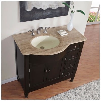 Silkroad Exclusive Bathroom Vanities, Single Sink Vanities, 30-40, Modern, Dark Brown, With Top and Sink, Traditional, Travertine, Natural Stone, Solid Wood Structure &  TSCA Title VI Certified Panels, Pre-drilled for 8" Widespread Faucet, Bathroom