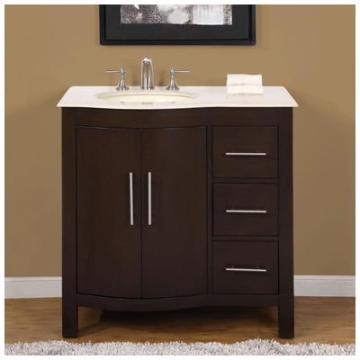 Silkroad Exclusive Bathroom Vanities, Single Sink Vanities, 30-40, Modern, Dark Brown, With Top and Sink, Traditional, Crema Marfil Marble, Natural Stone, Solid Wood Structure &  TSCA Title VI Certified Panels, Pre-drilled for 8" Widespread Faucet,