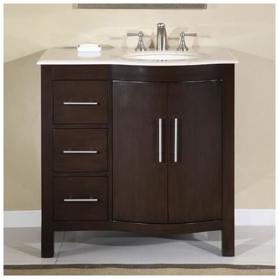 Silkroad Exclusive Bathroom Vanities, Single Sink Vanities, 30-40, Modern, Dark Brown, With Top and Sink, Traditional, Crema Marfil Marble, Natural Stone, Solid Wood Structure &  TSCA Title VI Certified Panels, Pre-drilled for 8" Widespread Faucet,