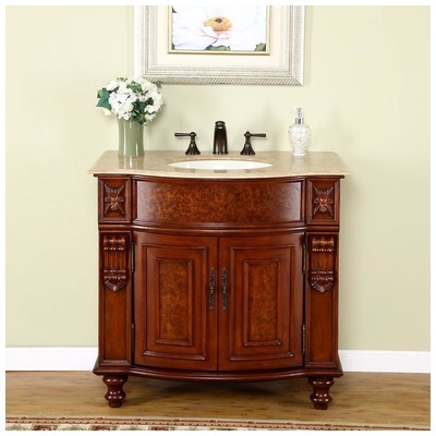 Silkroad Exclusive Bathroom Vanities, Single Sink Vanities, 30-40, Traditional, Dark Brown, With Top and Sink, Traditional, Travertine, Natural Stone, Solid Wood Structure &  TSCA Title VI Certified Panels, Pre-drilled for 8" Widespread Faucet, Bat