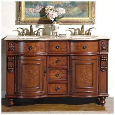Silkroad Exclusive Bathroom Vanities, Double Sink Vanities, 50-70, Traditional, Dark Brown, With Top and Sink, Traditional, Travertine, Natural Stone, Solid Wood Structure &  TSCA Title VI Certified Panels, Pre-drilled for 8" Widespread Faucet, Bat