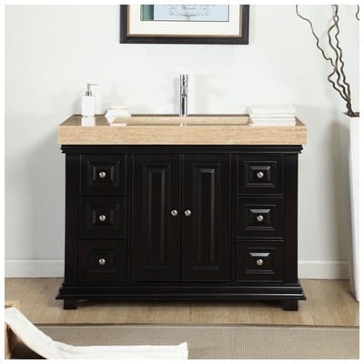Silkroad Exclusive Bathroom Vanities, Single Sink Vanities, 40-50, Dark Brown, With Top and Sink, Traditional, Travertine, Natural Stone, Solid Wood Structure &  TSCA Title VI Certified Panels, Pre-drilled for Single Hole Faucet, Bathroom Vanity, 6