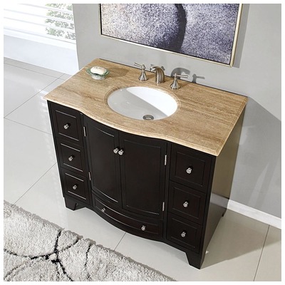 Silkroad Exclusive Bathroom Vanities, Single Sink Vanities, 30-40, Traditional, Dark Brown, With Top and Sink, Traditional, Travertine, Natural Stone, Solid Wood Structure &  TSCA Title VI Certified Panels, Pre-drilled for 8" Widespread Faucet, Bathr
