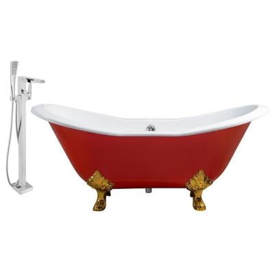 Free Standing Bath Tubs Streamline Bath Enamel Cast Iron Red Vintage RH5160GLD-CH-100 041979479732 Set of Bathroom Tub and Faucet GoldRedBurgundyruby Cast Iron Clawfoot Claw Chrome Gold Golden Faucet 