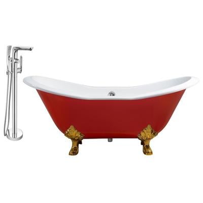 Free Standing Bath Tubs Streamline Bath Enamel Cast Iron Red Vintage RH5160GLD-CH-120 041979479749 Set of Bathroom Tub and Faucet GoldRedBurgundyruby Cast Iron Clawfoot Claw Chrome Gold Golden Faucet 
