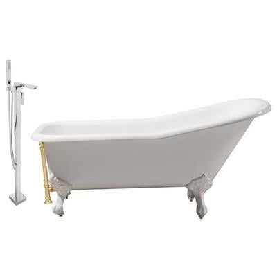 Streamline Bath Free Standing Bath Tubs, gold Whitesnow, Cast Iron, Clawfoot,Claw, Chrome,Gold,Golden, Faucet, White, Soaking Clawfoot Tub, Oval, Enamel, Cast Iron, Vintage, Set of Bathroom Tub and Faucet, 786032118776, RH5281WH-GLD-140