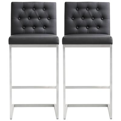 Bar Chairs and Stools Tov Furniture Helsinki-Stool Stainless Steel Vegan Leather Black Dining Room Furniture TOV-K3642 641676979278 Stools Black ebony Bar Leather Footrest 