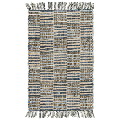 Rugs Unique Loom Checkered Chindi Jute 60% Cotton and 40% Jute Blue 3142861 Area Rugs Beige Blue navy teal turquiose Cotton denimJute and Sisal jut Rectangular 3x2 