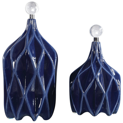 Vases-Urns-Trays-Finials Uttermost Klara Ceramic Crystal Steel Modern Style Emanates From Thi Accessories 17526 792977175262 Decorative Bottles & Canisters Blue navy teal turquiose indig Urns Vases Ceramic Crystal steel aluminiu 0-20 