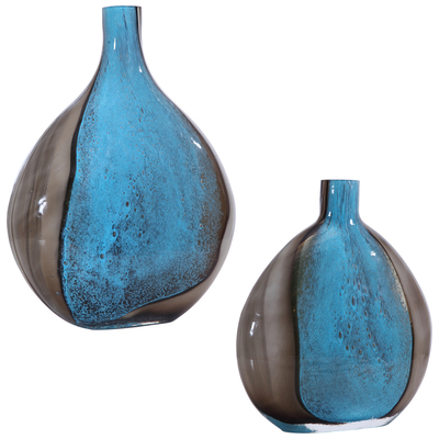 Vases-Urns-Trays-Finials Uttermost Adrie Glass Set Of Two Art Glass Vases Sh Accessories 17741 792977177419 Vases Urns & Finials Black ebonyBlue navy teal turq Urns Vases Black Glass 0-20 
