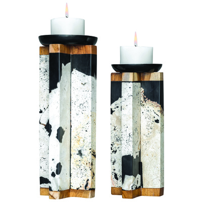 Candleholders Uttermost Illini WOOD STONE RESIN Set Of Two Candleholders Featu Accessories 17746 792977177464 Candleholders Black ebonyWhite snow Resin STONE WOOD MDF Pinewood Aged Black Natural Set Of Two 