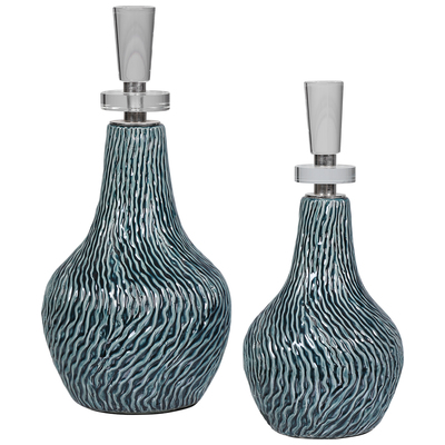 Vases-Urns-Trays-Finials Uttermost Almera Ceramic Crystal Iron Set Of Two Ceramic Bottles Fea Accessories 17842 792977178423 Decorative Bottles & Canisters Blue navy teal turquiose indig Urns Vases Ceramic Crystal steel aluminiu 0-20 