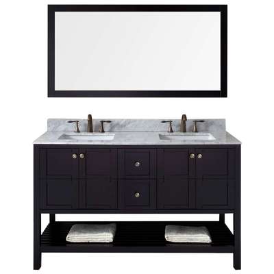 Virtu Bathroom Vanities, Double Sink Vanities, 50-70, Transitional, Dark Brown, Dark, Transitional, Italian Carrara White Marble, Solid wood frame construction, Freestanding, Bathroom Vanity Set, 840166102916, ED-30060-WMSQ-ES