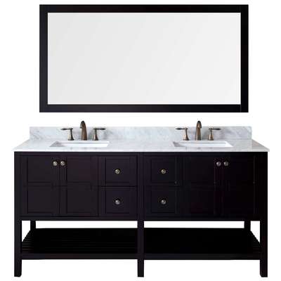 Virtu Bathroom Vanities, Double Sink Vanities, 70-90, Transitional, Dark Brown, Dark, Transitional, Italian Carrara White Marble, Solid wood frame construction, Freestanding, Bathroom Vanity Set, 840166102930, ED-30072-WMSQ-ES