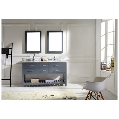 Virtu Bathroom Vanities, Double Sink Vanities, 50-70, Transitional, Gray, Complete Vanity Sets, Medium, Transitional, Italian Carrara White Marble, Solid wood frame construction, Freestanding, Bathroom Vanity Set, 840166110201, MD-2260-WMSQ-GR-001
