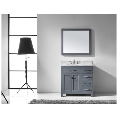 Virtu Bathroom Vanities, Single Sink Vanities, 30-40, Transitional, Gray, Complete Vanity Sets, Medium, Transitional, Italian Carrara White Marble, Solid wood frame construction, Freestanding, Bathroom Vanity Set, 840166110980, MS-2136R-WMSQ-GR-001