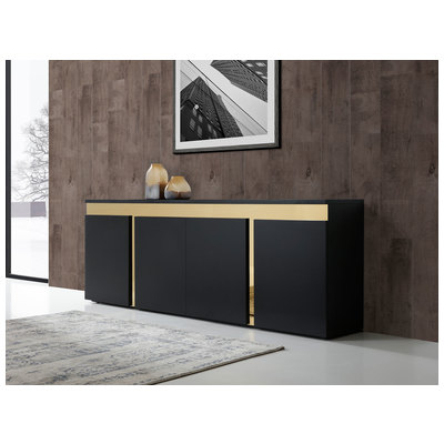 Buffets and Cabinets WhiteLine SB1658-BLK 696576750632 Dining Black ebonyGold Stainless Stee Buffet Black Gold Stainless Steel 