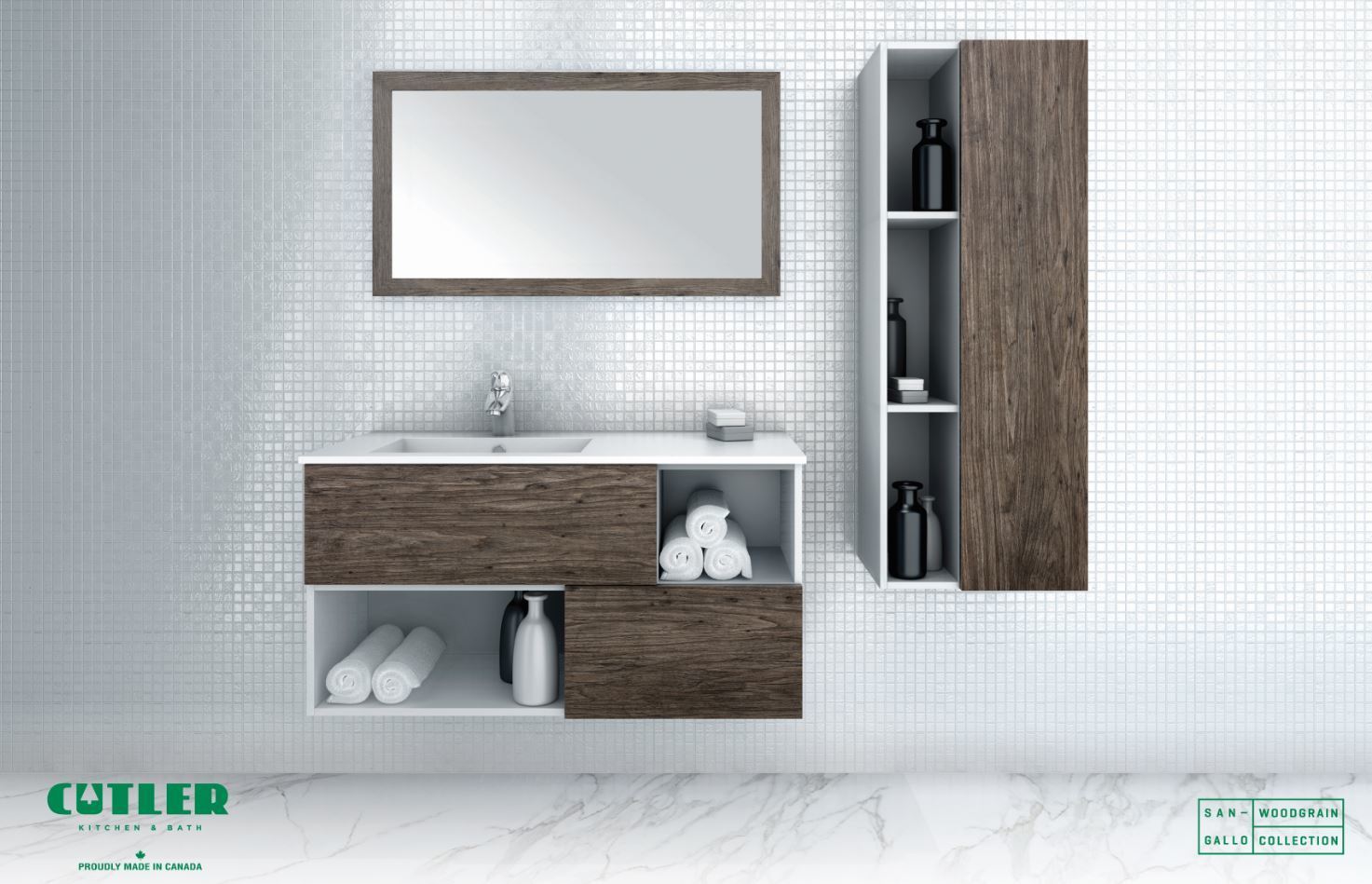 wooden vanity bathroom Cutler Kitchen and Bath Medium Gray Woodgrain, White Sink