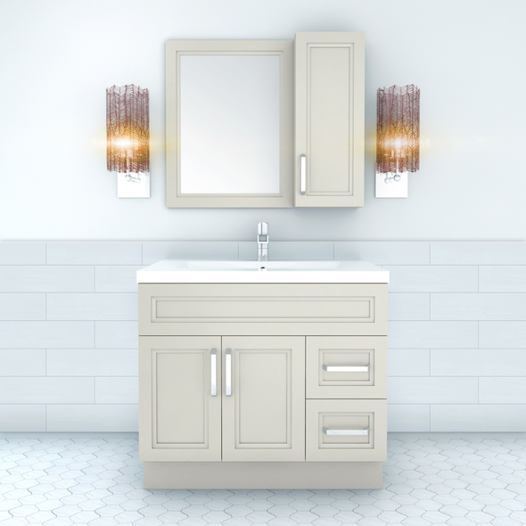 bathroom cabinet between sinks Cutler Kitchen and Bath Grey,
