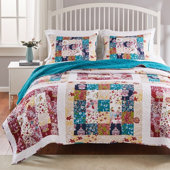 queen embroidered quilt Greenland Home Fashions Quilt Set Teal
