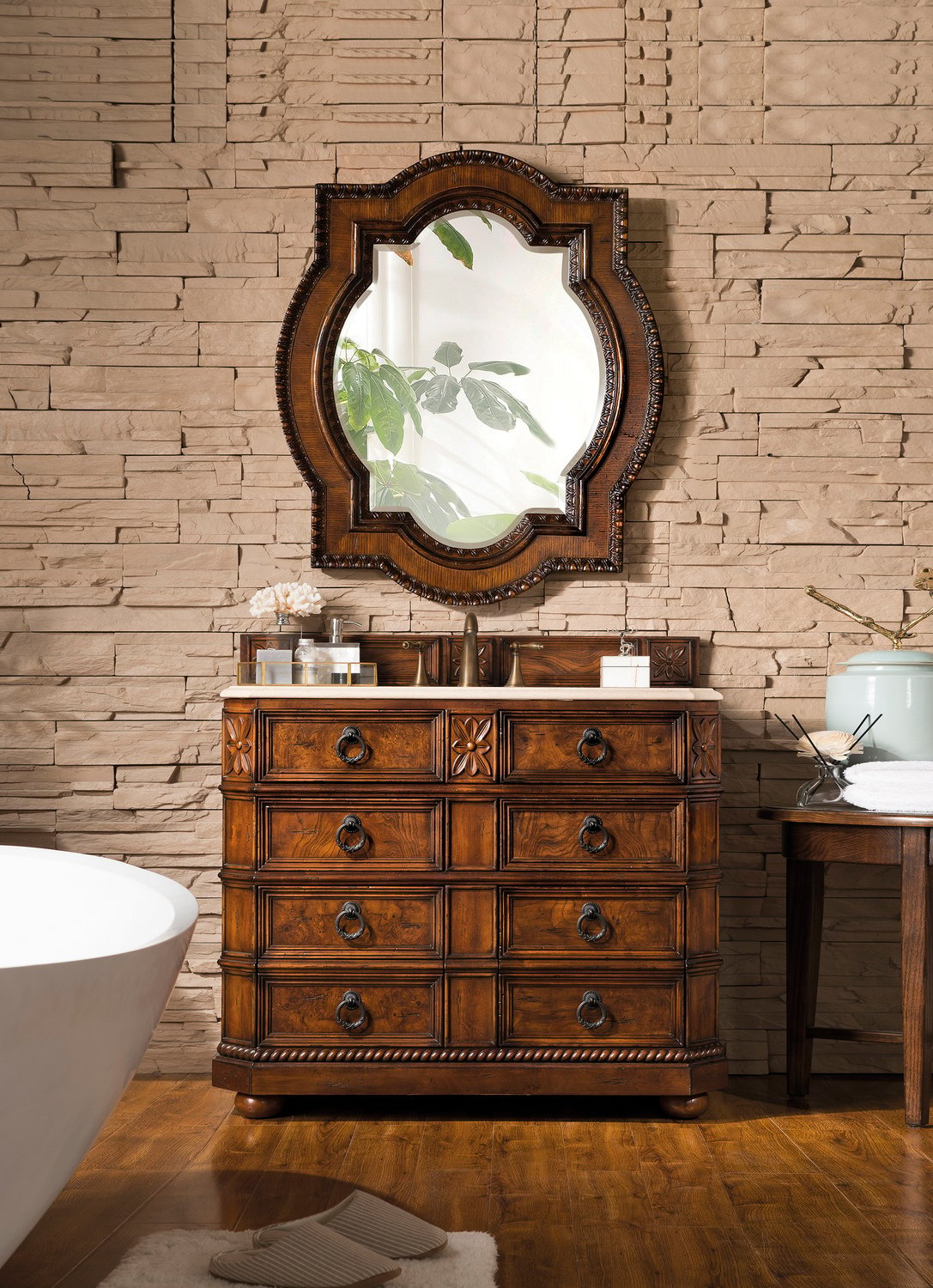 dark wood vanity bathroom James Martin Vanity English Burl Antique
