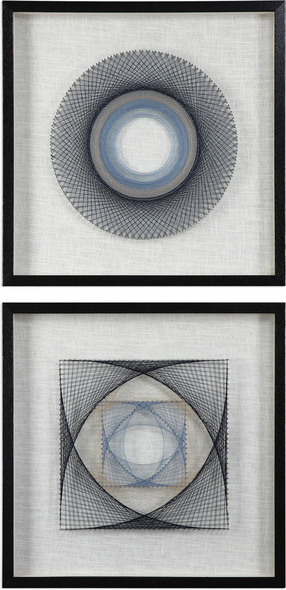 wall frieze art Uttermost Geometric Wall Art These Fun Shadow Boxes Feature Three Dimensional Layered String Art, Hand Threaded Around Individually Hammered Pin Nails In Easy Shades Of Blue, Over A Neutral Linen Backing With A Black Pine Frame.