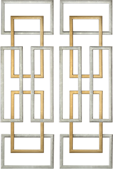 custom wall hanging Uttermost Geometric Wall Art Overlapping Geometric Rectangles, Creating A Contemporary Look In A Two-toned Finish Combination Of Lightly Antiqued Gold And Silver Leaf.