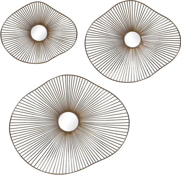 contemporary art deco interior design Uttermost Metal Wall Art This Contemporary Set Of 3 Metal Wall Art Features 3-dimensional Organically Curved Shapes With Radiating Metal Spokes, Finished In A Plated Gold With Mirrored Center Accents.