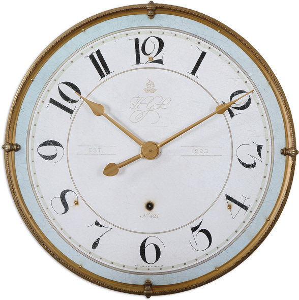 large modern pendulum wall clock Uttermost Wall Clocks Antiqued Gold Metal Frame With An Antiqued Ivory Face And Pale Blue Accent. Quartz Movement Ensures Accurate Timekeeping. Requires One "AA" Battery. John Kowalski