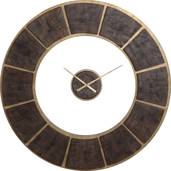 wall decor with large clock Uttermost Wall Clock This Wall Clock Is Constructed From Rustic, Dark Wooden Blocks With Butterfly Inlay Details Layered Against A Gold Leaf Base With A Matching Center Floating Dial. Quartz Movement Ensures Accurate Timekeeping. Requires One "AA" Battery.