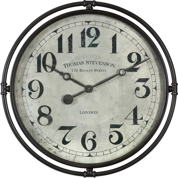 large black modern wall clock Uttermost Industrial Wall Clock  Smoke Gray Industrial Iron Frame With An Aged Ivory Clock Face Under Glass. Quartz Movement Ensures Accurate Timekeeping. Requires One "AA" Battery.