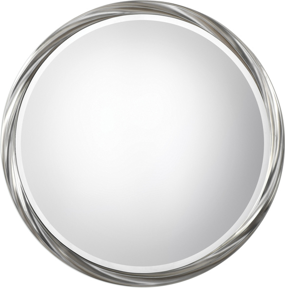 modern wall of mirrors Uttermost Silver Round Mirror This Contemporary Design Features A Twisted Motif With A Hand Applied Metallic Silver Leaf Finish.