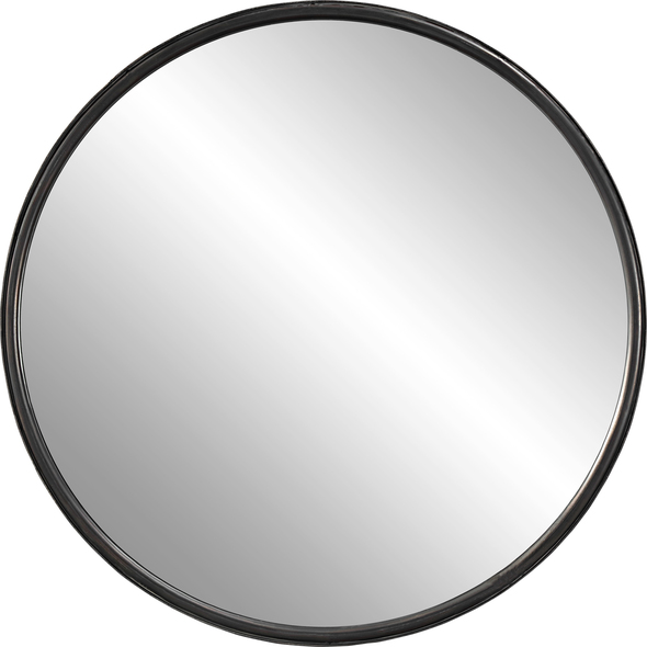 brown framed bathroom mirror Uttermost Round Mirror Smooth Rounded Frame Encased In A Thick Iron Band Finished In An Aged Black With Subtle Gray Highlights.
