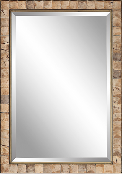 long silver framed mirrors Uttermost Coconut Shell Mirror This Rectangular Mirror Showcases An Iron Strap Frame Finished In Dark Gold, Accented By Concaved, Polished Coconut Shells Inlays. Each Shell May Vary Slightly In Color, Adding To Its Authenticity And Character. The Mirror Features A Generous 1 1/4" Bevel And May Be Hung Horizontal Or Vertical.