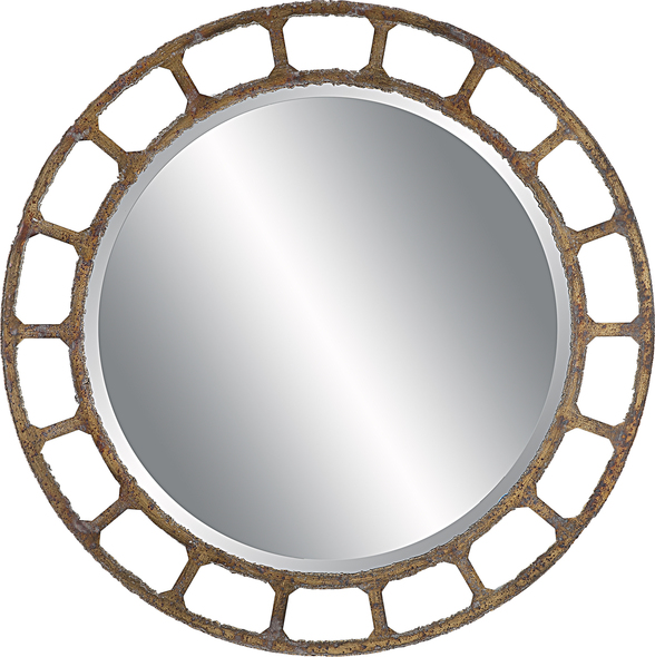 leaning mirror decor Uttermost Distressed Round Mirror Inspired By Hand Forged Industrial Styling, This Round Mirror Displays A Solid Iron Frame With Welded Bead Edges, Finished In An Aged Golden Bronze With Heavy Burnished Distressing. Mirror Features A Generous 1 1/4" Bevel.