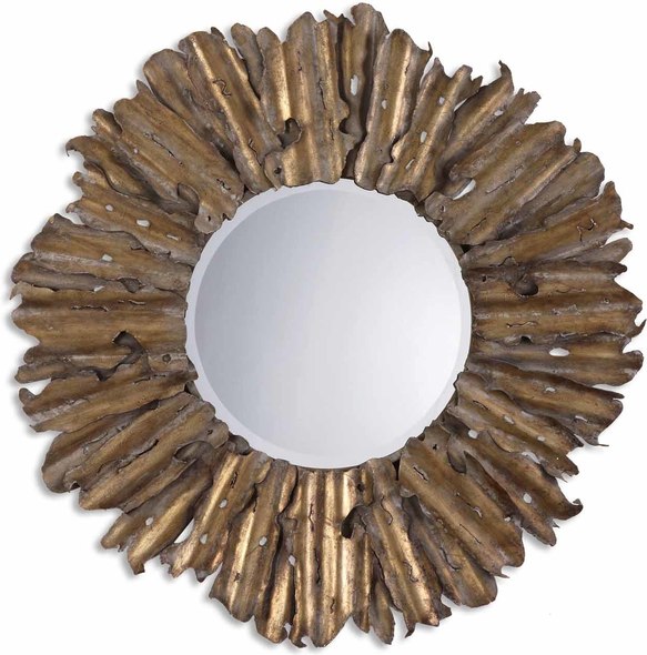 fancy mirror flower design Uttermost Modern Round Sunburst Mirrors Antiqued Gold Leaf With Burnished Edges And A Light Gray Wash.